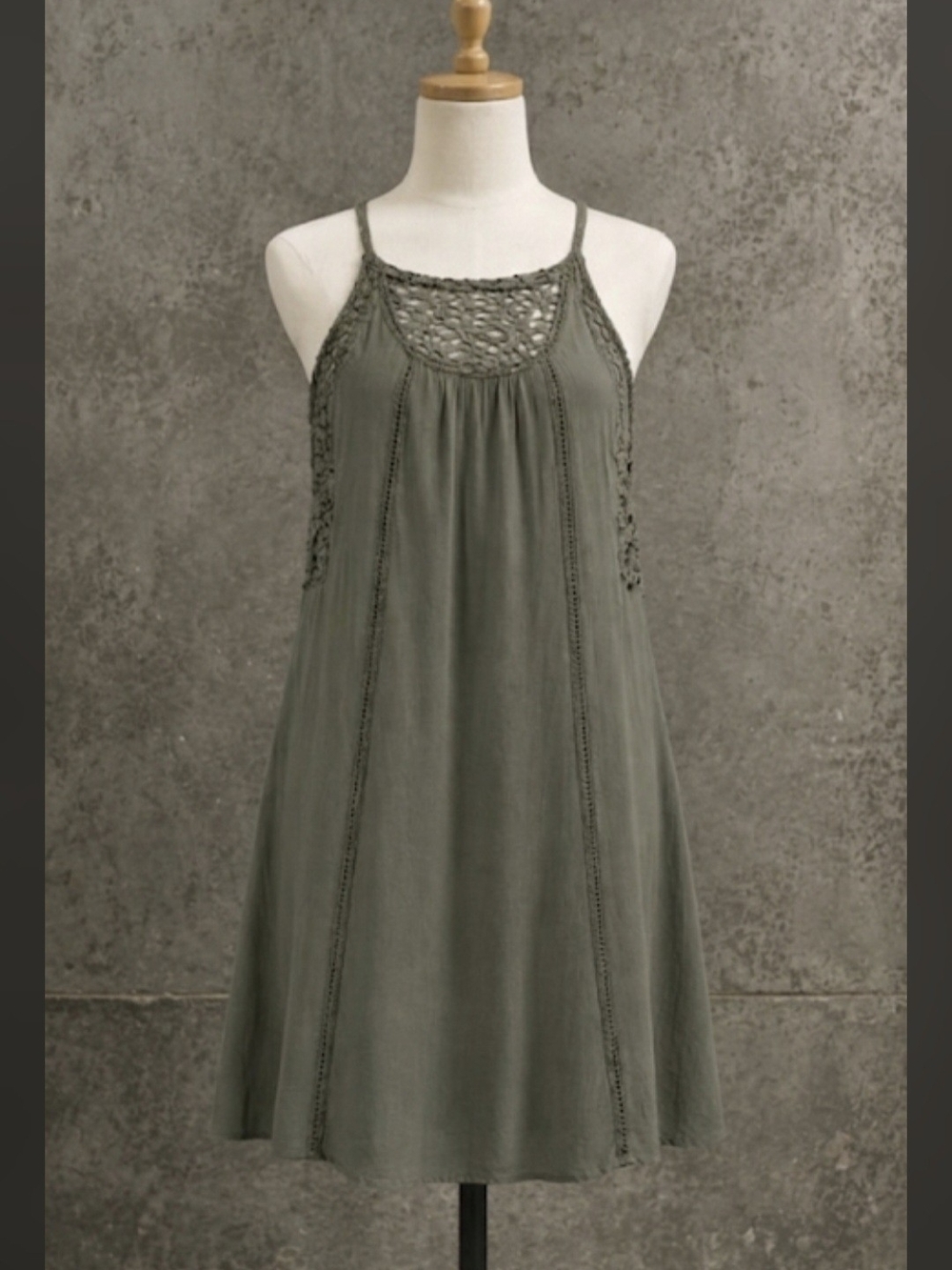 Spense Olive Crochet Yoke Slip Dress